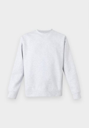 Sudadera gris claro hecha de tejido suave, con cuello redondo, mangas largas y puños y dobladillo acanalados. Diseño minimalista sin patrones.
