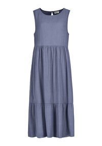Sleeveless, light blue, tiered dress with a round neckline and a flowing silhouette, made from soft fabric with a textured finish.