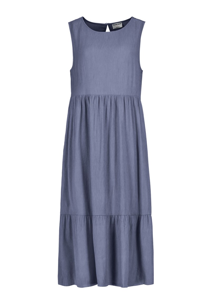 Sleeveless, light blue, tiered dress with a round neckline and a flowing silhouette, made from soft fabric with a textured finish.