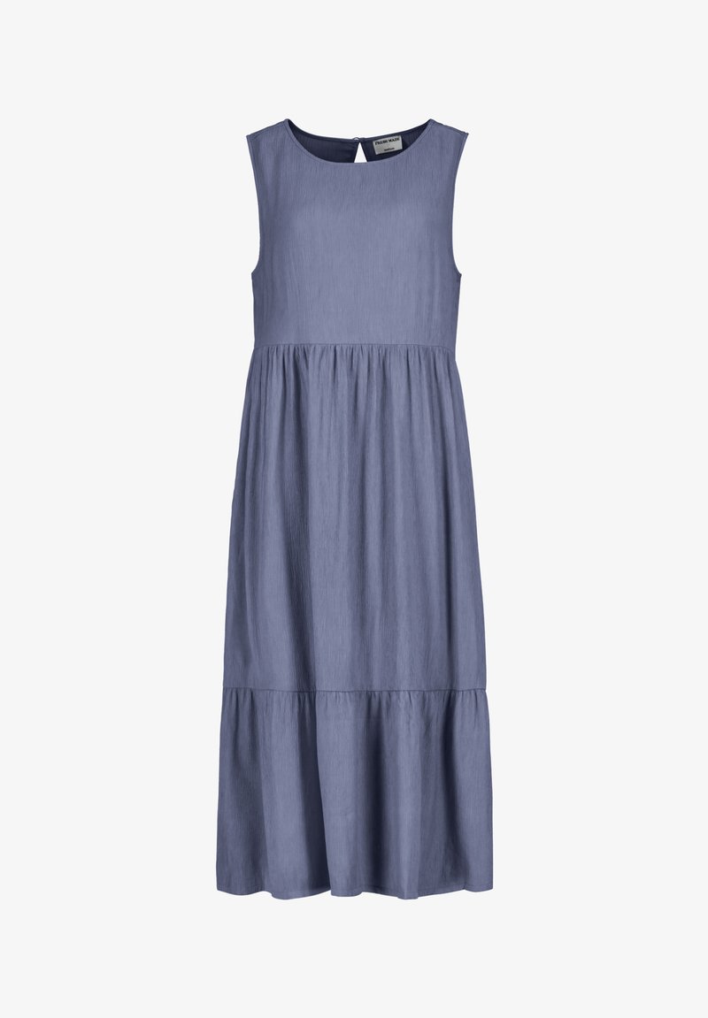 Ärmelloses, hellblaues, gestuftes Kleid mit Rundhalsausschnitt und fließender Silhouette, aus weichem Stoff mit strukturierter Oberfläche.