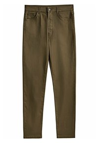 Jeans en coton vert olive avec une coupe droite, cinq poches et fermeture à bouton en métal. Texture lisse avec des détails de couture subtils.