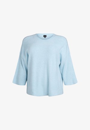 Hele sinine suuruse ülepikkusega sviiter ribatekstuuriga, ümmarguse kaelusega ja kolmeveerandi varrukatega. Pehme kangas, millel on vabalt laskuv lõige.