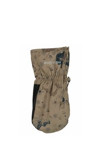 Guante térmico beige con acentos de malla negra, que cuenta con una parte superior con cordón, patrones intrincados y un logo impreso en blanco.