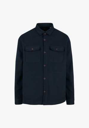 Navyblaue Hemd mit Knöpfen aus weichem Stoff, ausgestattet mit einem weit geschnittenen Kragen, zwei Brusttaschen und braunen Knöpfen entlang der Vorderseite.