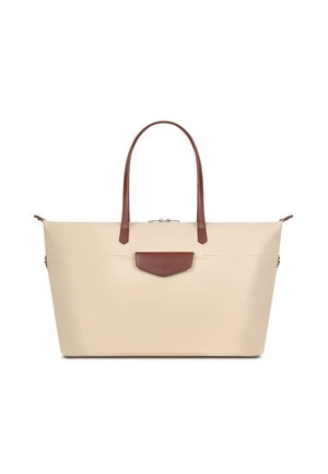 Beige shopper met bruine leren handvatten en een klein bruine leren klepzak aan de voorkant.