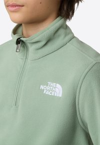 Pulover de fleece verde mentă cu guler cu fermoar pe jumătate, având un logo brodat alb. Textură moale și croială dreptă, confortabilă și strâmtă.