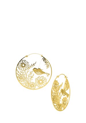 Gold hoop earrings with intricate cutouts of birds, butterflies, and flowers in detailed natural scenes, one round and one oval shaped.
