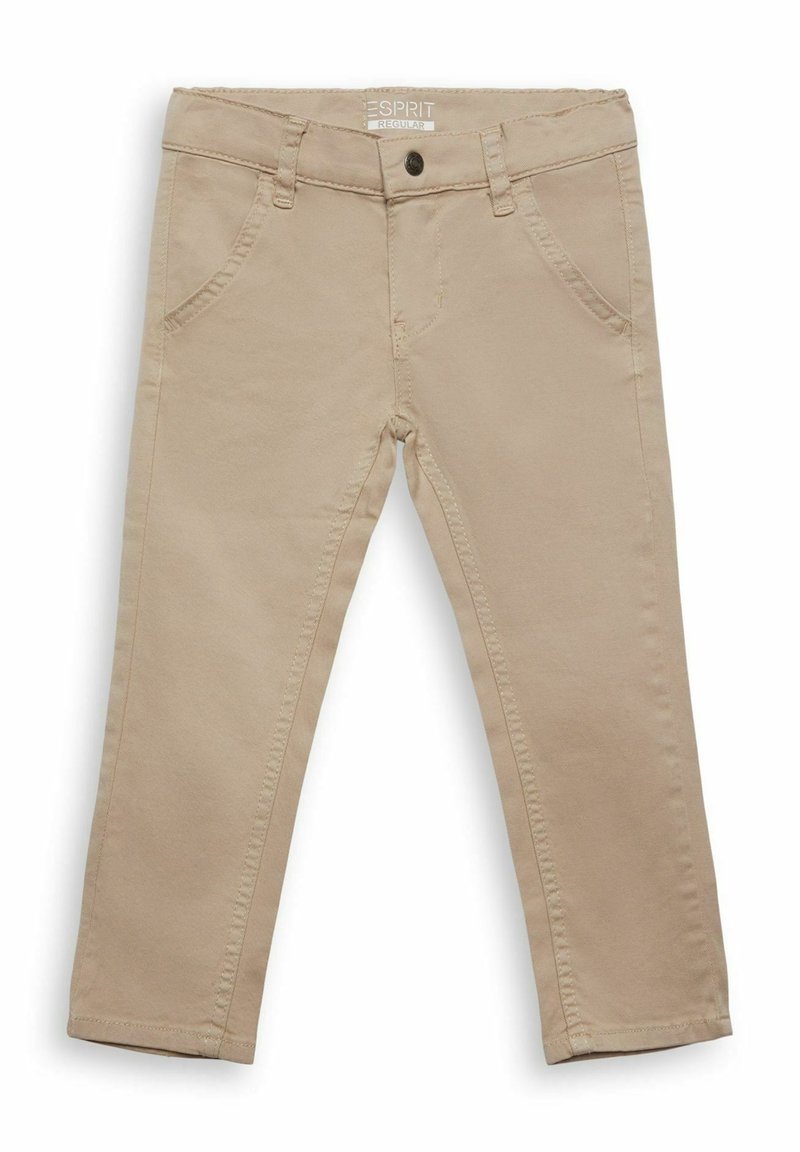 Pantalon beige Esprit coupe régulière avec poches avant, passants pour ceinture et fermeture à bouton, posé à plat sur fond blanc.