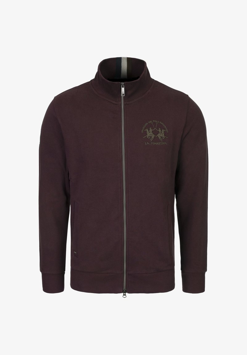 Men's zip-up jacket in deep purple, made of soft fabric. Features a high collar, two front pockets, and an embroidered logo on the chest.
