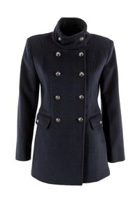 Cappotto in lana blu navy con colletto alto, design doppiopetto, bottoni in tonalità argentata e tasche laterali. Tessuto liscio con vestibilità su misura.