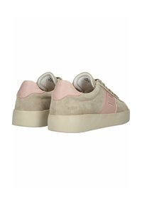 Beige suede sneakers featuring a light pink leather heel accent and a white rubber sole, showcasing simple design and contrasting colors.