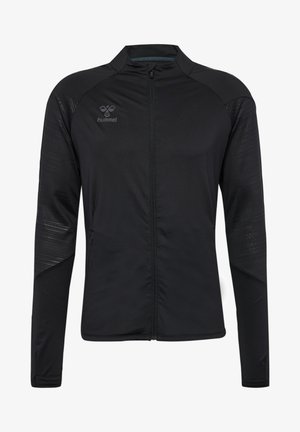 Schwarze Sportjacke mit Reißverschluss, aus leichtem Stoff gefertigt. Verfügt über strukturierte Schulterpanels und ein schmales Design.