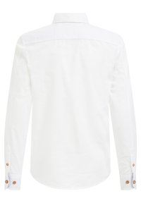 Bílá halenka s dlouhými rukávy a klasickým límcem. Má manžety na knoflíky a hladkou, jednolitou strukturu. Žádné výrazné vzory ani akcenty.