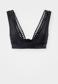Svart bralette med bred bølget kant, dyp V-hals-design og sømløst stoff. Har en bakre lås for lukking og minimalt med tilbehør.