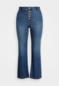 High-waisted dark blue denim jeans with five-button closure, wide leg, and stitched detailing at the hem. Smooth texture, classic design.