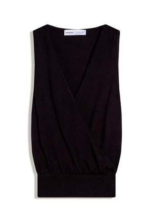 Ærmeløs sort V-hals slå-om top med bred ribstrikket kant, lavet af blødt stof, mærket Bershka.
