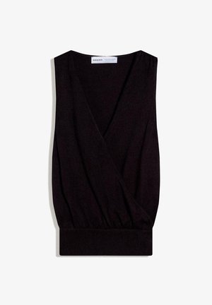 Ærmeløs sort V-hals slå-om top med bred ribstrikket kant, lavet af blødt stof, mærket Bershka.