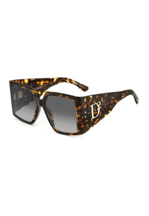 Occhiali da sole oversized in tartaruga con finitura lucida, lenti grigie sfumate e dettaglio in metallo con logo sul lato. Montatura di forma quadrata.