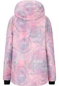 Wasserdichte Jacke mit Kapuze, pink-grauem Aquarellmuster, langen Ärmeln und schwarzen Akzenten an den Bündchen. Glatte Textur.