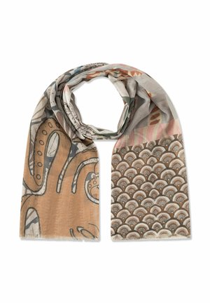 Écharpe légère avec des motifs abstraits en beige, marron et rose doux, présentant des dessins incurvés et festonnés.