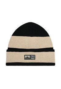 Breien beanie in zwart en beige met horizontale strepen. Heeft een omgeklapte manchet en een zwart label met "PRO TEST" en een berglogo.