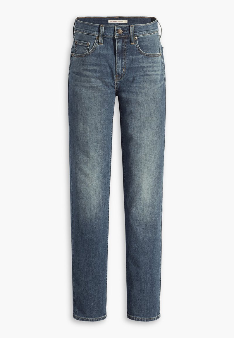 Blaue Jeans aus Denim mit geradem Bein, Reißverschluss, fünf Taschen, leichter Ausbleichung an den Oberschenkeln und einer Nähakzentuierung am Bund.