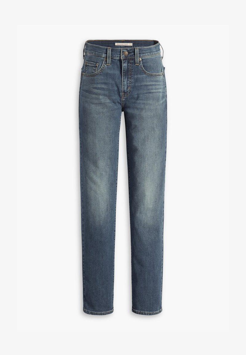 Blaue Jeans aus Denim mit geradem Bein, Reißverschluss, fünf Taschen, leichter Ausbleichung an den Oberschenkeln und einer Nähakzentuierung am Bund.