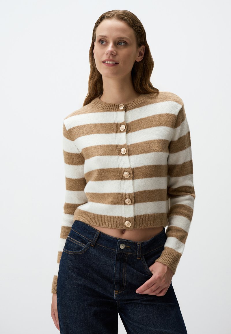 Bruin en wit gestreepte cardigan gemaakt van zacht materiaal, met een ronde halslijn en vijf grote knopen aan de voorkant. Kort ontwerp.