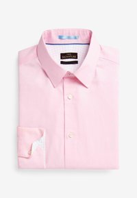 Rosa Langarmshirt aus glattem Stoff, mit einem Kentkragen, weißer Knopfleiste und einem karierten Futter an den Manschetten.
