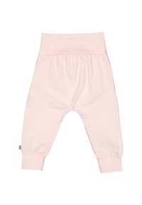 Pantaloni in cotone rosa chiaro con una morbida vita elastica e caviglie risvoltate, caratterizzati da una vestibilità rilassata e senza ulteriori motivi o accessori.