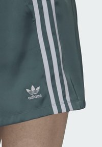 Adidas-shorts i mörkt teal med ett vitt tre-stripes-mönster på sidorna. Har en liten broderad logotyp nära fållen. Slät textur.