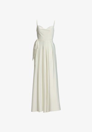 Biała sukienka maxi z cienkimi ramiączkami, dekoltem w serce i wiązaniem w talii. Wykonana z gładkiego materiału z luźną, plisowaną spódnicą.