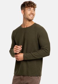 Maglione verde oliva a maniche lunghe con un design a maglia testurizzata e colletto rotondo. Presenta polsini aderenti e una piccola etichetta con logo sull'orlo.