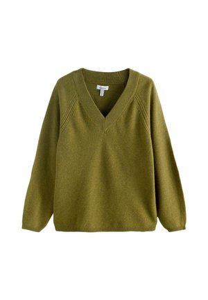 Olivgrüner V-Ausschnitt-Pullover aus weichem Stoff, mit überschnittenen Schultern und gerippten Abschlüssen, in lockerer Passform und minimalistischem Design.