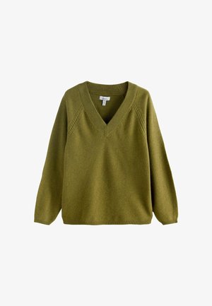 Olivengrøn, v-hals sweater, lavet af blødt stof, har boldede skuldre og ribbede kanter, med en afslappet pasform og minimal detaljering.