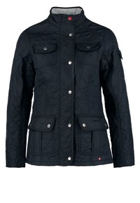 Veste matelassée noire avec quatre poches avant à rabat, boutons-pression et doublure intérieure rayée au col.