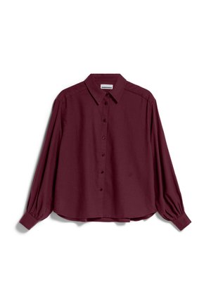 Burgundy button-up shirt with a classic collar, long puff sleeves, and subtle embroidery on the front. Soft fabric and relaxed fit.