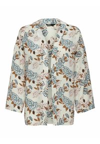 Giacca in stile kimono floreale di colore crema, con fiori blu e rosa e dettagli marroni. Tessuto leggero, apertura frontale e maniche lunghe.