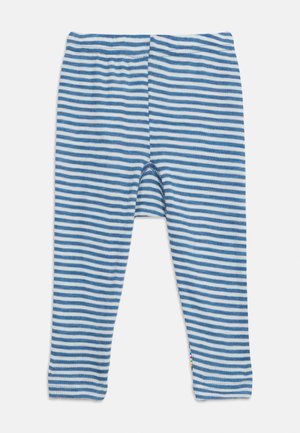 Pantalones de tela suave a rayas horizontales en azul y blanco para bebés, con cinturilla elástica y textura acanalada.