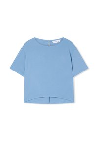 T-shirt azzurra a maniche corte, con scollatura rotonda e dettaglio a chiave sulla schiena. Tessuto liscio e design semplice.