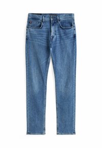 Jeans de mezclilla azul con un diseño de pierna recta, cinco bolsillos y cierre de botón. Presenta un ligero desgaste y detalles de costura estándar.