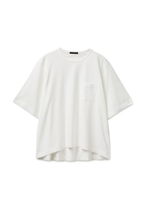 T-shirt blanc oversize à manches courtes avec encolure ronde et petite poche poitrine, posé à plat sur fond blanc.