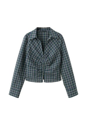 Blusa a maniche lunghe a quadri verde e blu navy con dettaglio arricciato sulla parte anteriore e collo ampio, lunghezza corta.