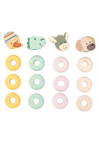 Colorful animal-shaped figures and pastel stacking rings in yellow, green, pink, and beige, with smooth textures and circular holes.