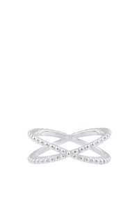 Bague en argent avec un design entrelacé et une texture perlée sur les bords, surface lisse et finition polie.