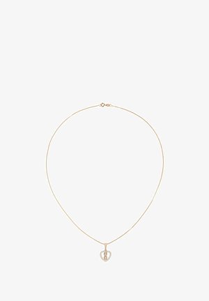 Gouden ketting met een hartvormige hanger. De hanger heeft een centraal ovale ontwerp omringd door kleine heldere stenen.