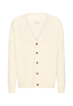 Lys beige cardigan med V-udskæring og seks knapper foran. Stoffet ser blødt og strikket ud, velegnet til lag-på-lag.