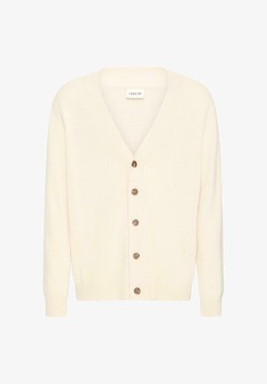 Šviesiai smėlio spalvos kardiganas su V formos iškirpte ir šešiais mygtukais priekyje. Audinys atrodo švelnus ir mezginys, tinkantis sluoksniavimui.