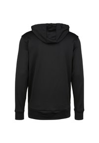 Zwarte hoodie met een gladde textuur, lange mouwen en geribbelde manchetten. Heeft een eenvoudig, minimalistisch ontwerp zonder zichtbare graphics.