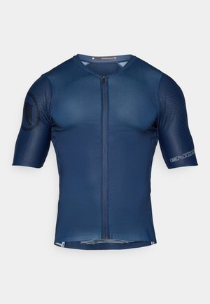 Short-sleeve navy blue cycling jersey with full front zipper and mesh-textured sleeves, branded "Endura" on left arm.